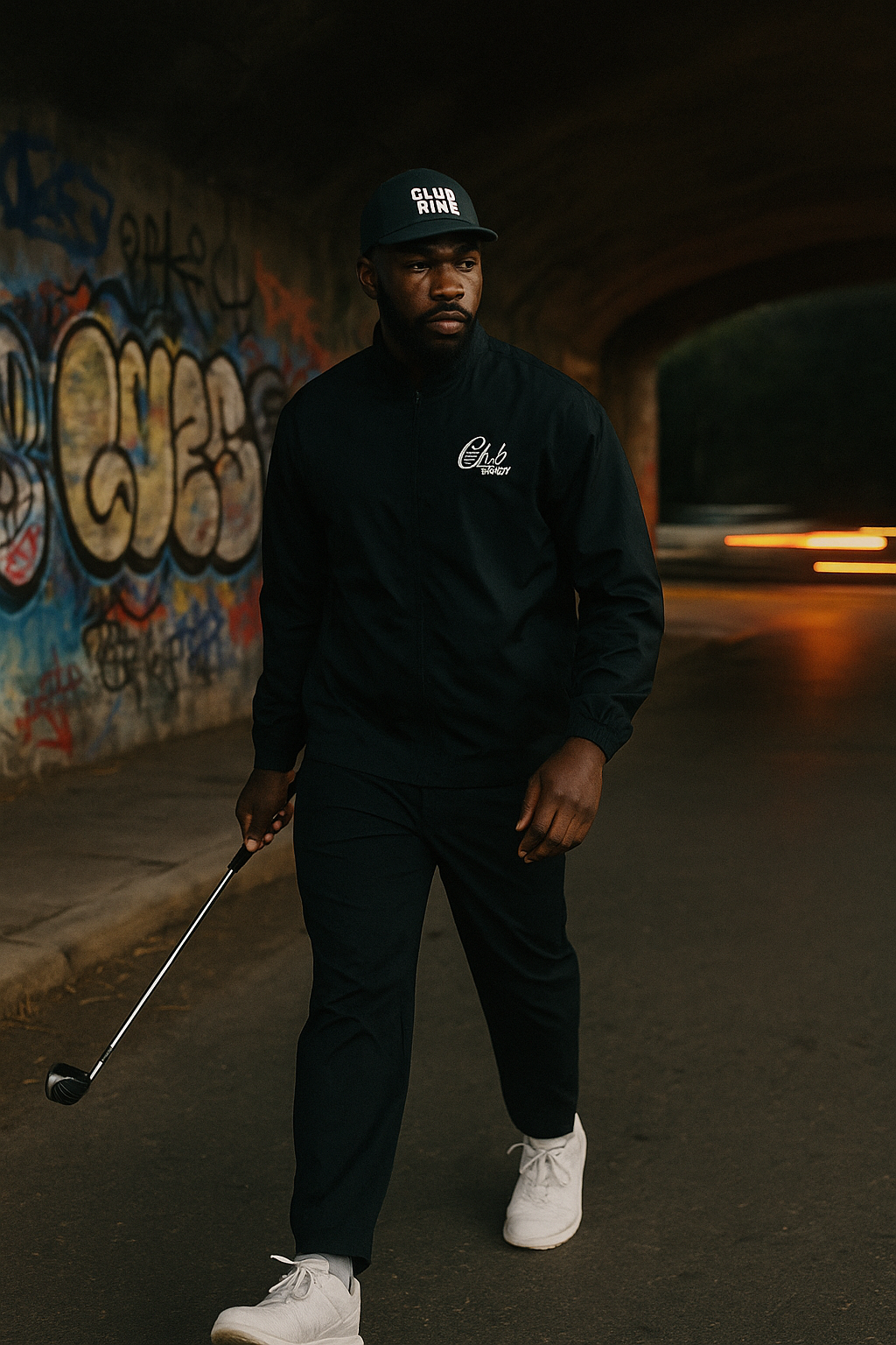 A man wearing Club Nine jacket in an urban underpass